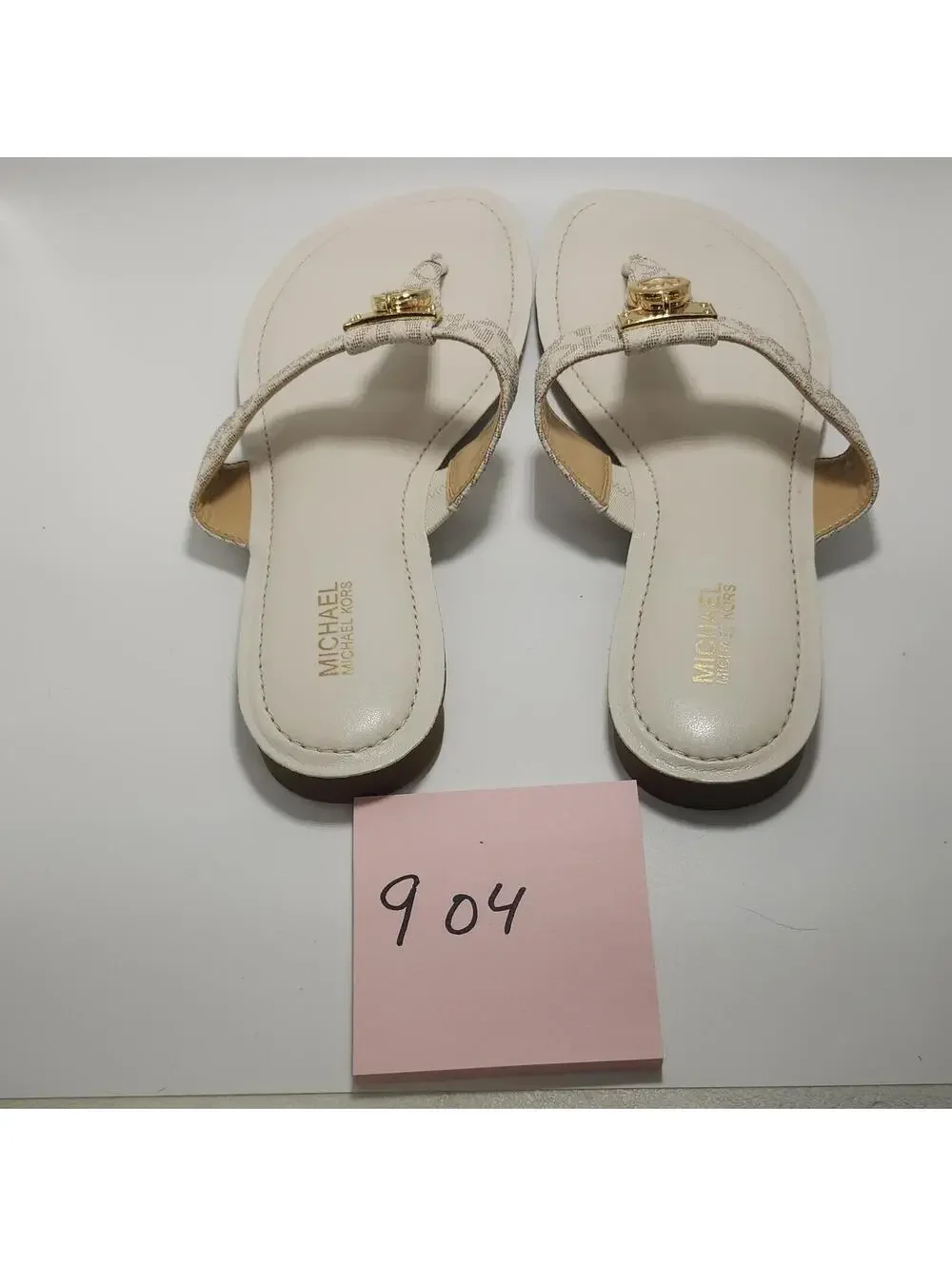 Michael Kors Women's Logo Thong Sandals Beige Gold MK Charm Slip-On 7.5 - Picture 4 of 4